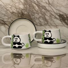 İlbay Seramik Kupa Bardak 2 li Tabaklı Klasik Panda