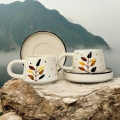 Bozkır Desenli 2 li Tabaklı Seramik Kupa Bardak Mug Duble kahve Fincanı