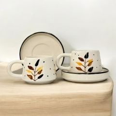 Bozkır Desenli 2 li Tabaklı Seramik Kupa Bardak Mug Duble kahve Fincanı