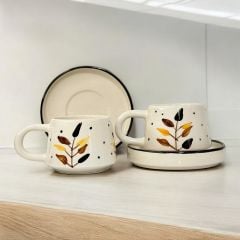 Bozkır Desenli 2 li Tabaklı Seramik Kupa Bardak Mug Duble kahve Fincanı