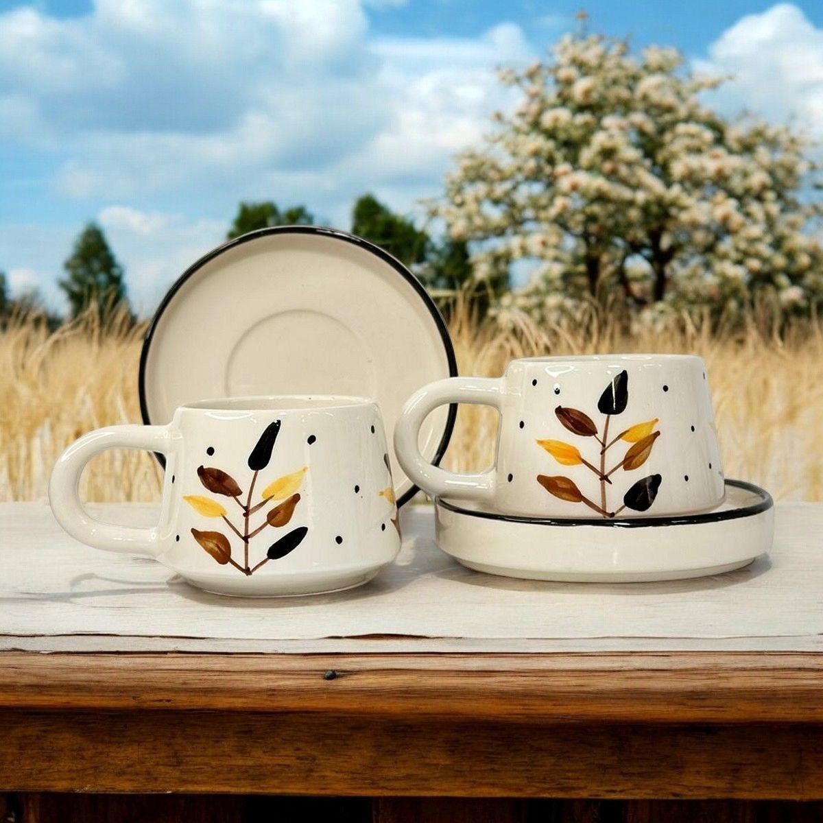 Bozkır Desenli 2 li Tabaklı Seramik Kupa Bardak Mug Duble kahve Fincanı
