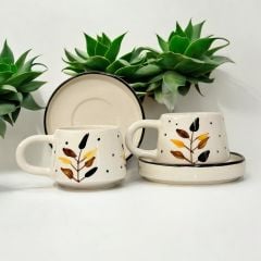 Bozkır Desenli 2 li Tabaklı Seramik Kupa Bardak Mug Duble kahve Fincanı