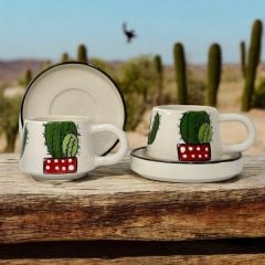 İlbay Seramik Kupa Bardak 2 li Tabaklı Klasik Kaktüs