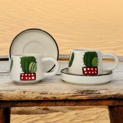 İlbay Seramik Kupa Bardak 2 li Tabaklı Klasik Kaktüs