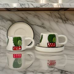 İlbay Seramik Kupa Bardak 2 li Tabaklı Klasik Kaktüs