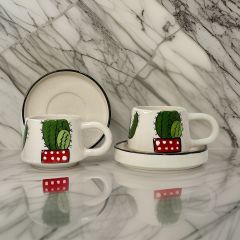 İlbay Seramik Kupa Bardak 2 li Tabaklı Klasik Kaktüs