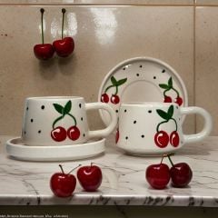 İlbay Seramik Kupa Bardak 2 li Tabaklı Klasik Kiraz