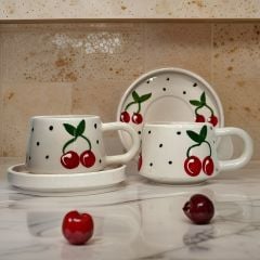 İlbay Seramik Kupa Bardak 2 li Tabaklı Klasik Kiraz
