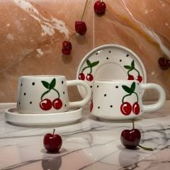 İlbay Seramik Kupa Bardak 2 li Tabaklı Klasik Kiraz