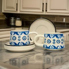 İlbay Seramik Kupa Bardak 2 li Tabaklı Klasik Mavi Nazar
