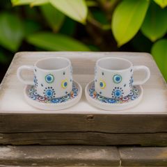 İlbay Seramik Kupa Bardak 2 li Tabaklı Klasik Renkli Nazar