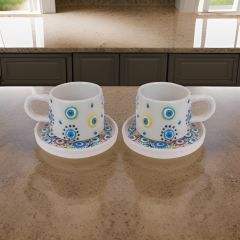 İlbay Seramik Kupa Bardak 2 li Tabaklı Klasik Renkli Nazar