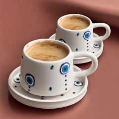 İlbay Seramik Kupa Bardak 2 li Tabaklı Klasik Damla Nazar