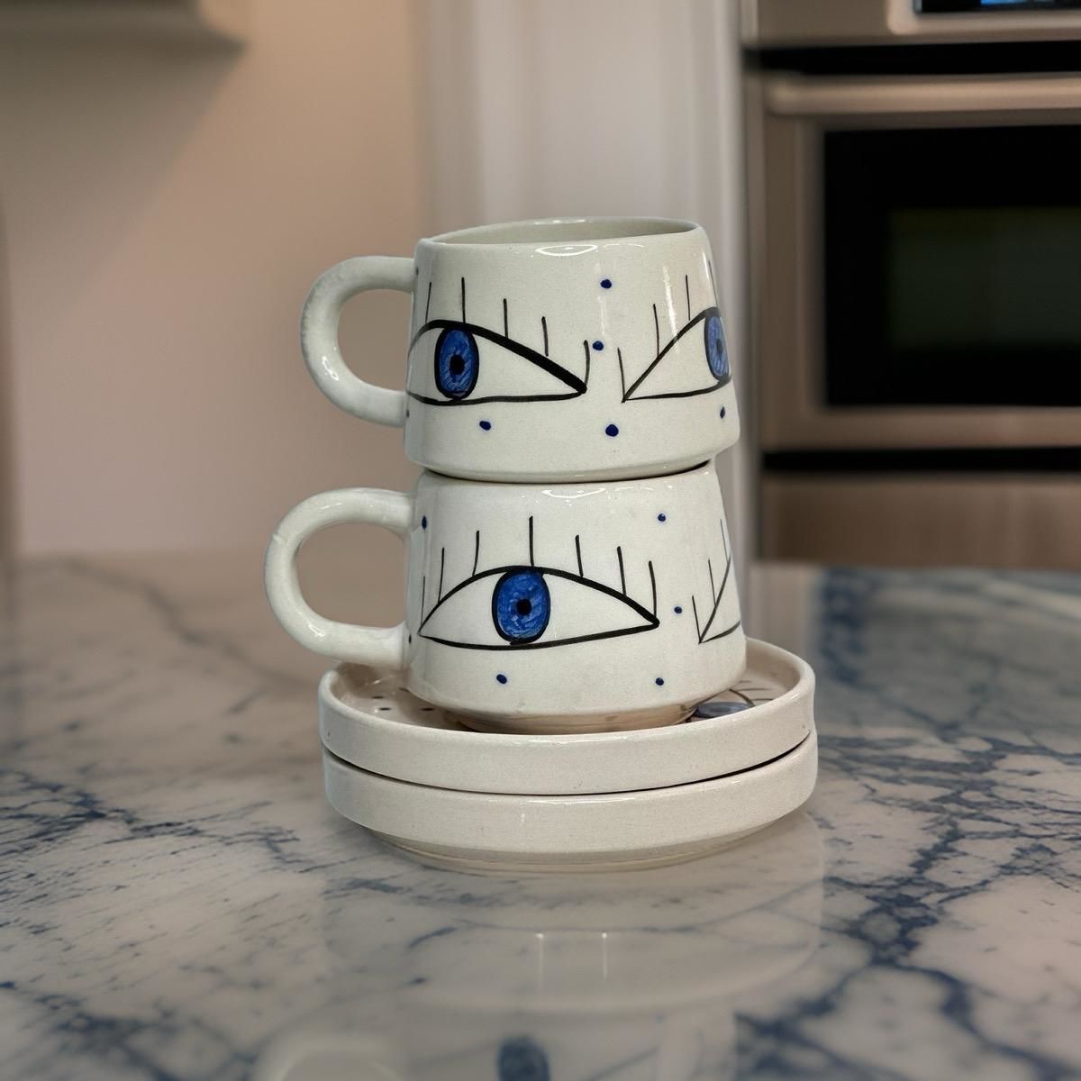 İlbay Seramik Kupa Bardak 2 li Tabaklı Klasik Mavi Göz