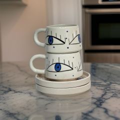 İlbay Seramik Kupa Bardak 2 li Tabaklı Klasik Mavi Göz