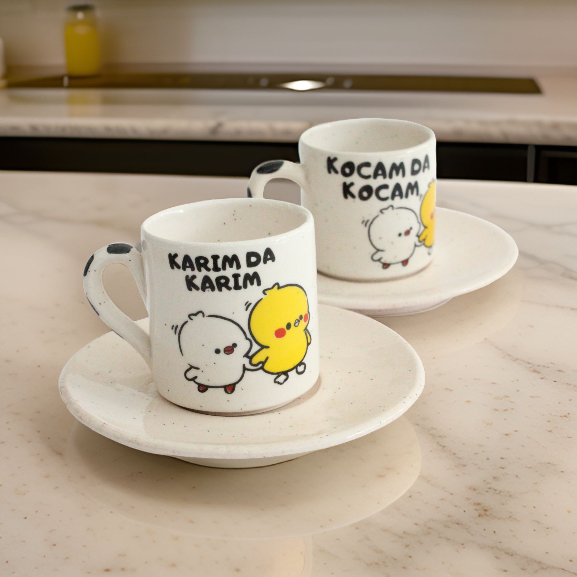 İlbay Çini Seramik 2'li Tabaklı Kahve Fincanı Takımı Karım da Karım Kocam da Kocam