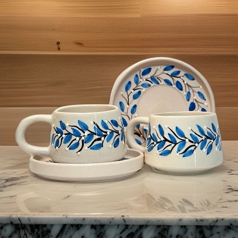 İlbay Seramik Kupa Bardak 2 li Tabaklı Klasik Mavi Pıtırcık