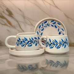 İlbay Seramik Kupa Bardak 2 li Tabaklı Klasik Mavi Pıtırcık