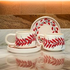 İlbay Seramik Kupa Bardak 2 li Tabaklı Klasik Kırmızı Pıtırcık