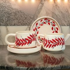 İlbay Seramik Kupa Bardak 2 li Tabaklı Klasik Kırmızı Pıtırcık