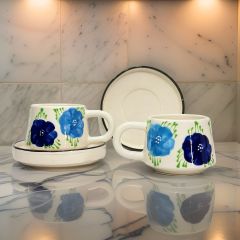 İlbay Seramik Kupa Bardak 2 li Tabaklı Klasik Lacivert Gelincik