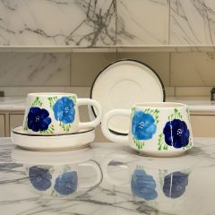 İlbay Seramik Kupa Bardak 2 li Tabaklı Klasik Lacivert Gelincik