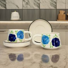 İlbay Seramik Kupa Bardak 2 li Tabaklı Klasik Lacivert Gelincik