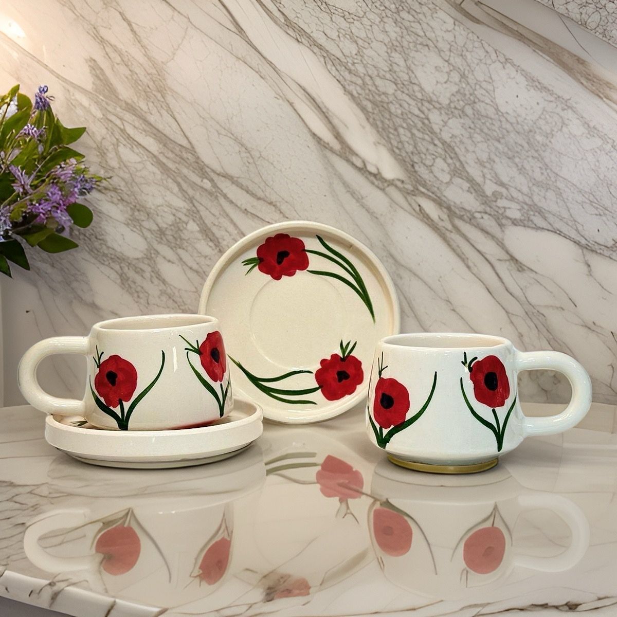 İlbay Seramik Kupa Bardak 2 li Tabaklı Klasik Kırmızı Gelincik