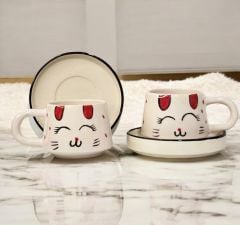 İlbay Seramik Kupa Bardak 2 li Tabaklı Klasik Kırmızı Kulak