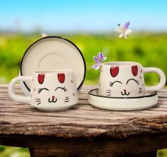 İlbay Seramik Kupa Bardak 2 li Tabaklı Klasik Kırmızı Kulak