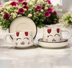 İlbay Seramik Kupa Bardak 2 li Tabaklı Klasik Kırmızı Kulak