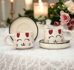 İlbay Seramik Kupa Bardak 2 li Tabaklı Klasik Kırmızı Kulak