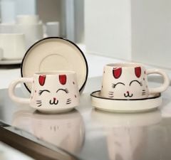 İlbay Seramik Kupa Bardak 2 li Tabaklı Klasik Kırmızı Kulak