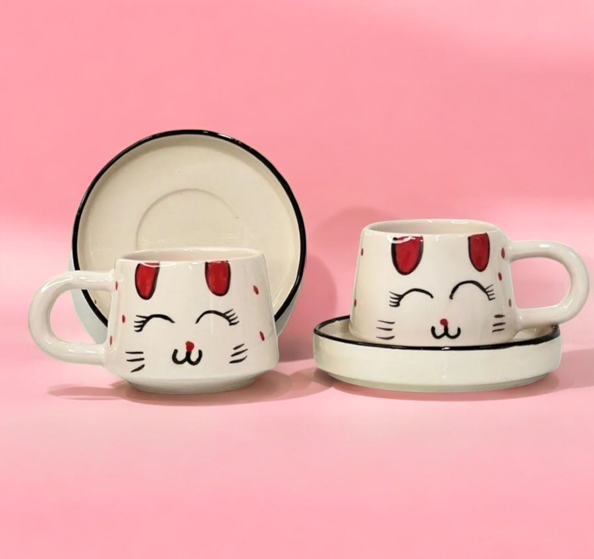 İlbay Seramik Kupa Bardak 2 li Tabaklı Klasik Kırmızı Kulak