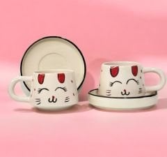 İlbay Seramik Kupa Bardak 2 li Tabaklı Klasik Kırmızı Kulak