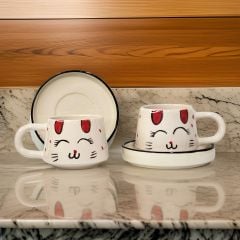 İlbay Seramik Kupa Bardak 2 li Tabaklı Klasik Kırmızı Kulak