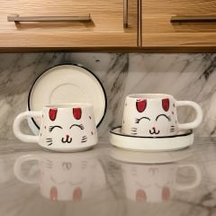 İlbay Seramik Kupa Bardak 2 li Tabaklı Klasik Kırmızı Kulak