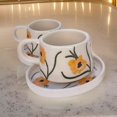 El İşi Seramik 2 li Tabaklı Klasik Sarı Gelincik Kupa Bardak Mug