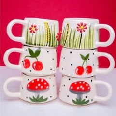 İlbay 6 lı Klasik Papatya Kiraz Mantar Seramik Kupa Bardak Takımı