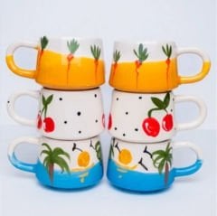 İlbay 6 lı Klasik Havuç Palmiye Kiraz Seramik Kupa Bardak Takımı