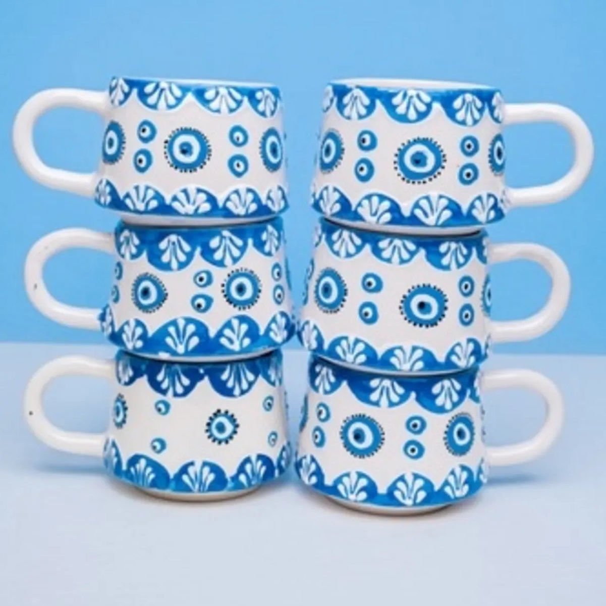 İlbay 6 lı Klasik Mavi Nazar Seramik Kupa Bardak Takımı