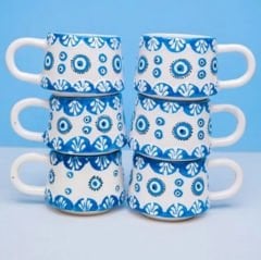 İlbay 6 lı Klasik Mavi Nazar Seramik Kupa Bardak Takımı