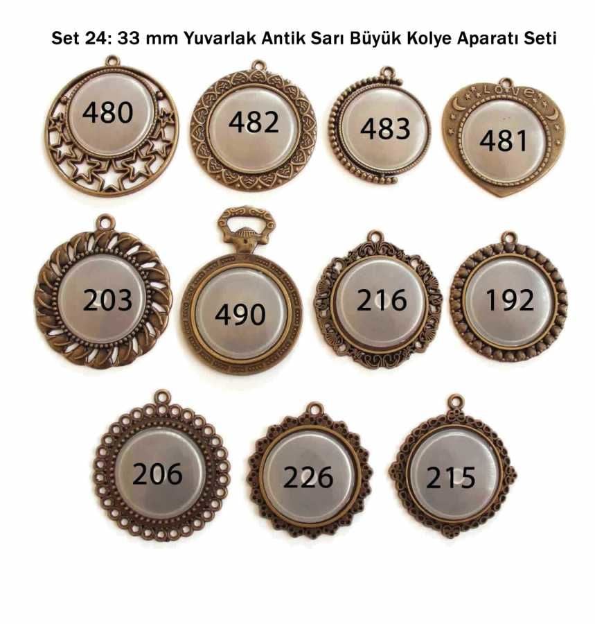 Set 24: Antik Sarı 33 mm Zincirli Yuvarlak 11 li Büyük Kolye Aparatı Seti