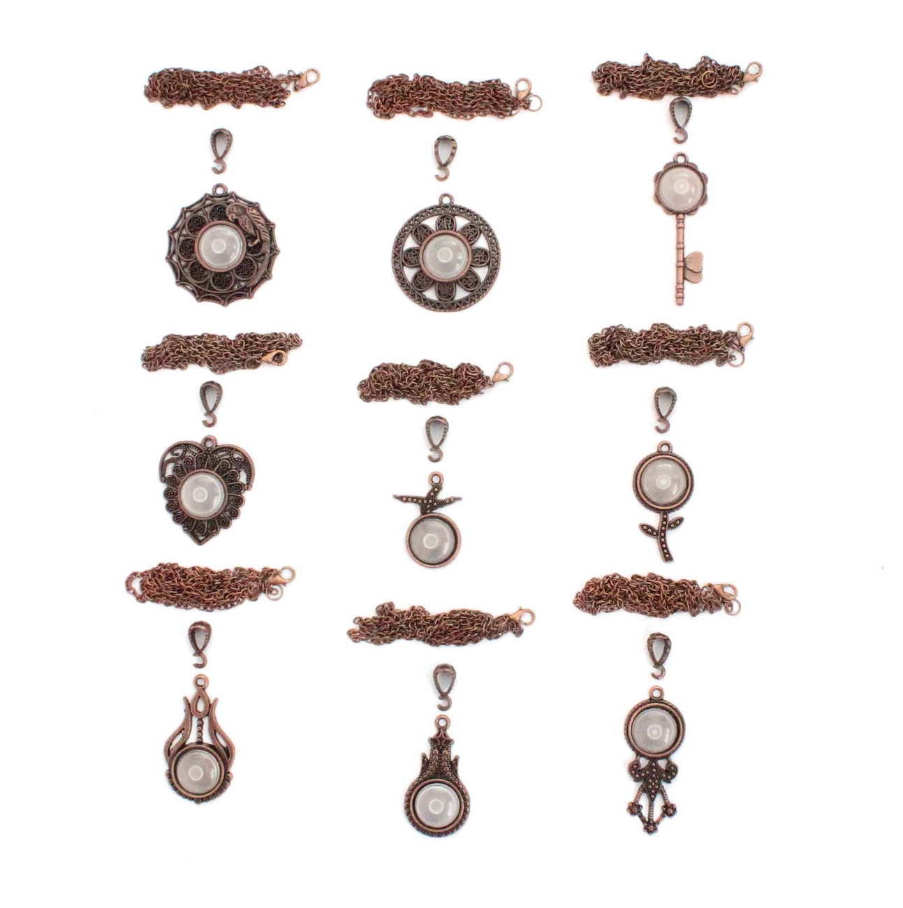 Set 108: Bakır Renkli 16 mm Zincirli 9 lu Yuvarlak Kolye Malzemeleri Seti