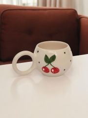 El İşi Kiraz Desenli Seramik Ece Kupa Bardak Mug