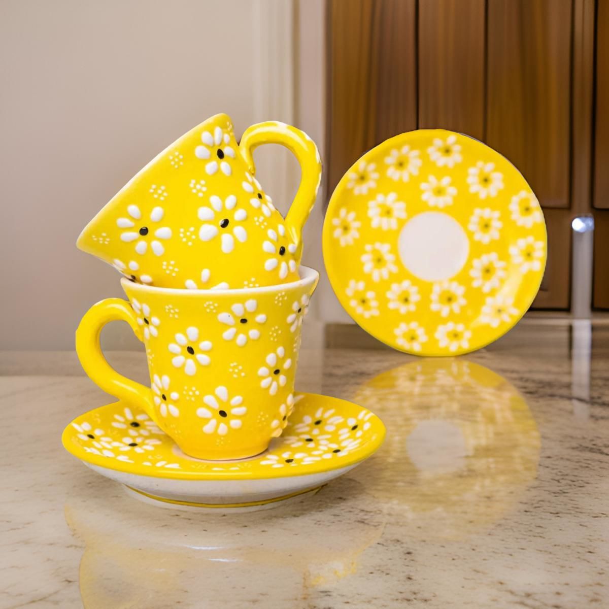 İlbay Çini Seramik Sarı Papatya El İşlemesi 2 Kişilik Türk Kahvesi Fincan Takımı