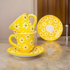İlbay Çini Seramik Sarı Papatya El İşlemesi 2 Kişilik Türk Kahvesi Fincan Takımı