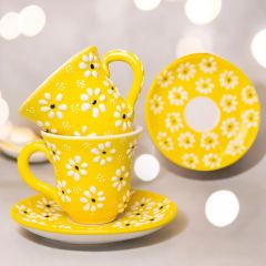 İlbay Çini Seramik Sarı Papatya El İşlemesi 2 Kişilik Türk Kahvesi Fincan Takımı