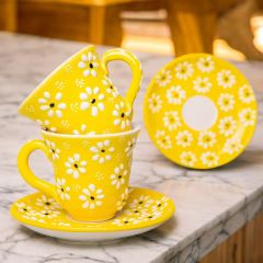 İlbay Çini Seramik Sarı Papatya El İşlemesi 2 Kişilik Türk Kahvesi Fincan Takımı