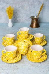 İlbay Çini Seramik El İşlemesi 6 Kişilik Sarı Papatya Türk Kahvesi Fincan Takımı